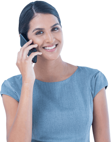 Transparent Smiling Woman Using Smartphone Confidently