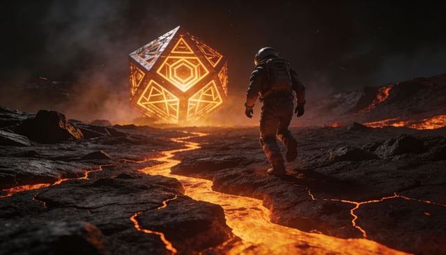 Astronaut exploring glowing geometric monolith on volcanic lava field at night
