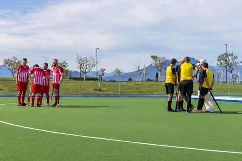 Field Hockey Players Huddle on Artificial Turf Daytime Match
