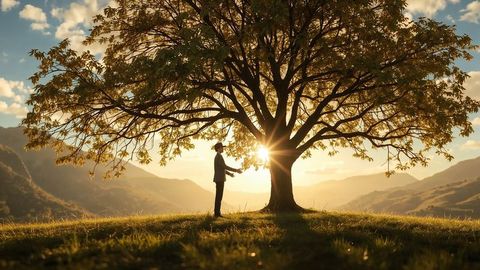 Man in suit standing by enchanting tree on hill at sunrise