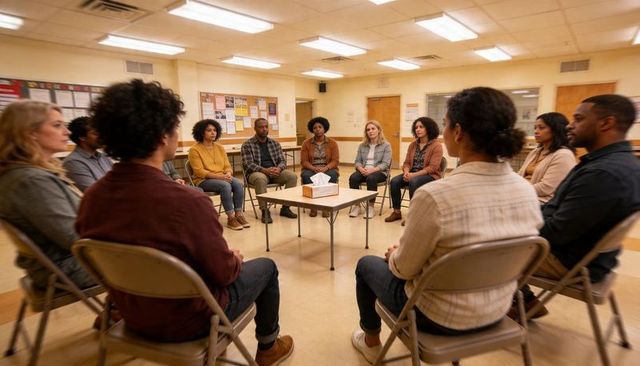 Diverse adult support group sitting in circle meeting with tissue box and chairs