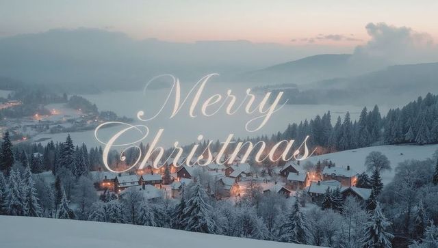 Snowy Mountain Village at Dusk with Glowing Cabin Lights and Merry Christmas Overlay