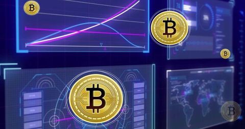 Bitcoin Coin Floating Over Futuristic Holographic Trading Dashboard with Neon Data Charts