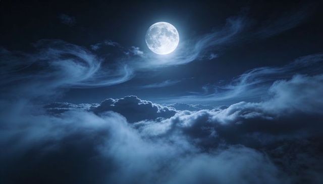 Full Moon Glowing Over Layered Cloud Banks and Swirling Cirrus Under Starry Night Sky