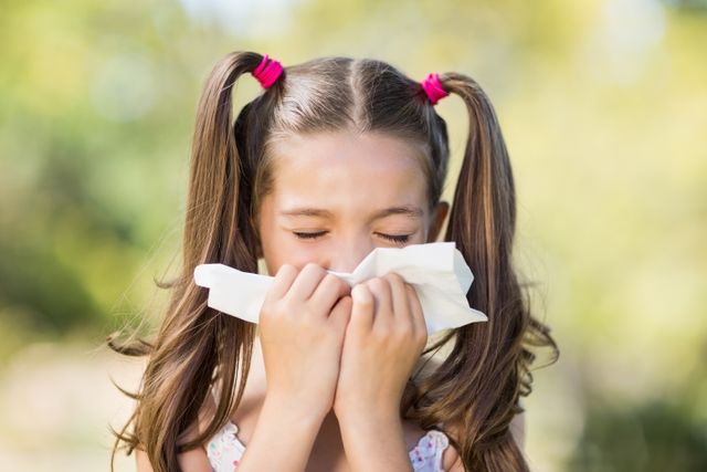 Close-up of girl blowing her nose with handkerchief while sneezing in the park