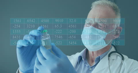 Doctor Holding Vaccine with Digital Data Overlay