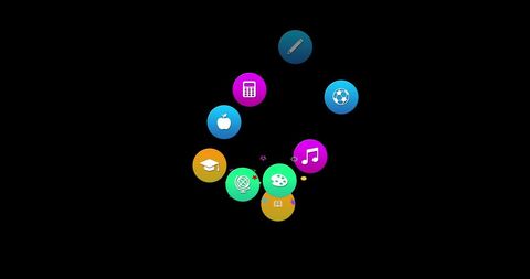 Colorful digital interface icons on black background