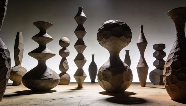 Abstract stone vessels on wooden floor casting dramatic backlit shadows with sculptural geometry
