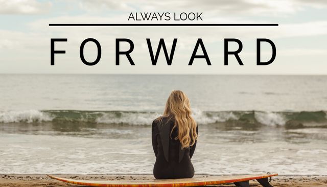 Motivational message, a woman gazing at the sea with a surfboard, embodies determination and hope. Ideal for self-improvement themes or as a backdrop for inspirational quotes and wellness content.