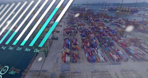 Aerial container terminal with hud overlay showing port logistics and trade analytics