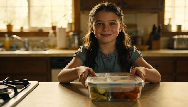 Smiling girl holding divided lunchbox at kitchen counter with fresh veggies and sunlight