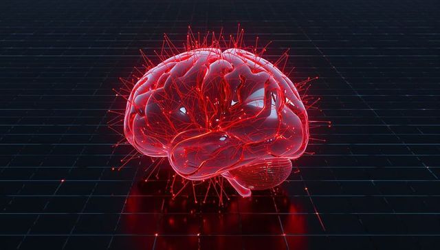 Glowing translucent brain radiating red neural filaments and nodes over dark grid plane