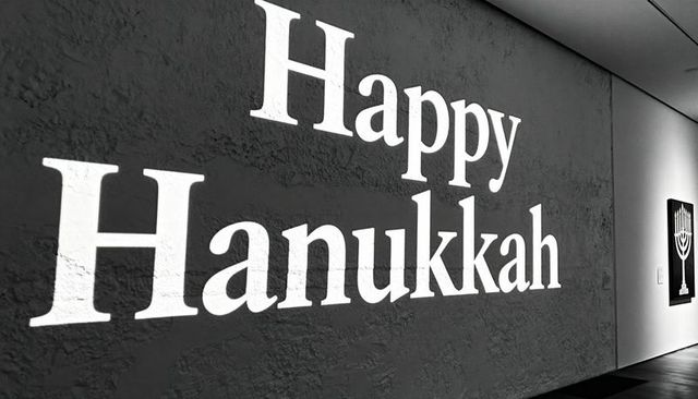 Projecting happy hanukkah typography on textured plaster wall in modern gallery corridor