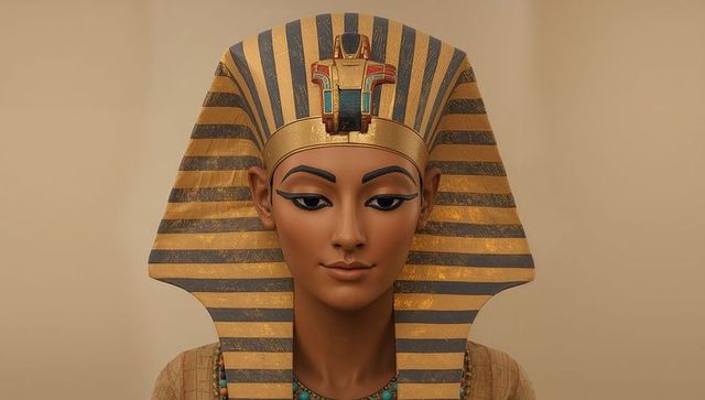 Pharaoh bust with gold and blue headdress in museum display