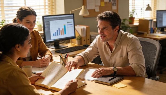 Manager pointing while explaining open book to team with bar chart on desk monitor