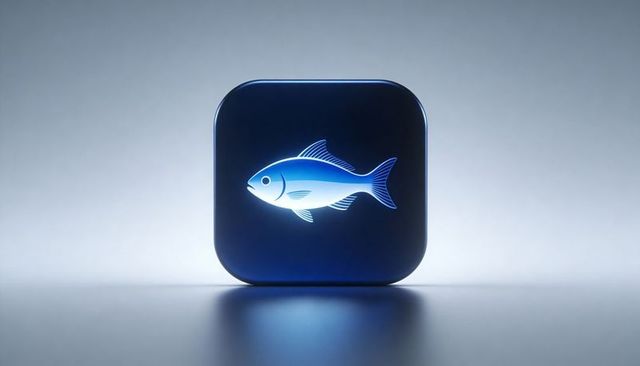 Glowing cyan fish icon on glossy rounded app cube with reflective surface