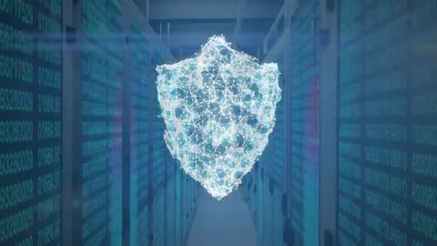 Futuristic Cybersecurity Shield Guarding Data Center