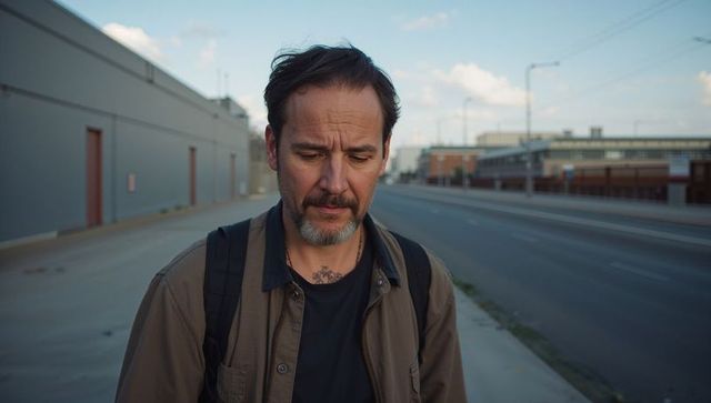 Contemplative man walking alone on urban industrial sidewalk carrying backpack