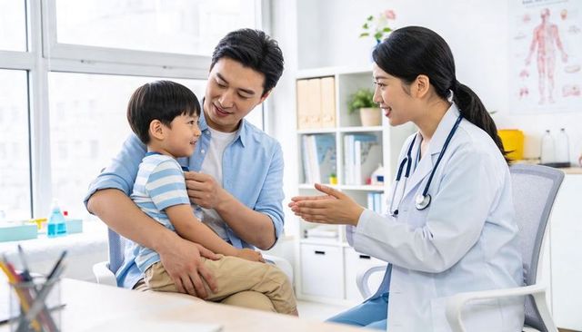 Father comforting son during pediatric checkup with smiling doctor in bright clinic