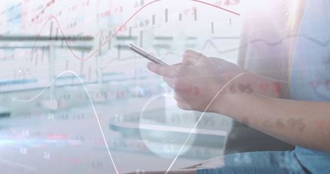 Woman Checking Stock Charts on Smartphone Surrounded by Data Graphics