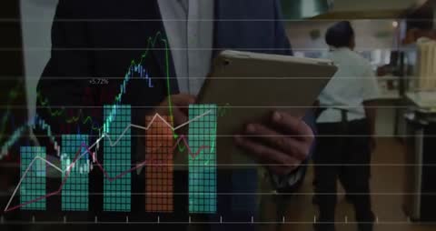 Manager Using Tablet with Animated Data Overlay in Commercial Kitchen