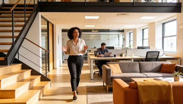 Walking professional woman guiding through modern open-plan coworking office mezzanine