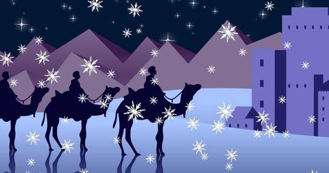 Three Kings Travel in Snowy Night to Distant City