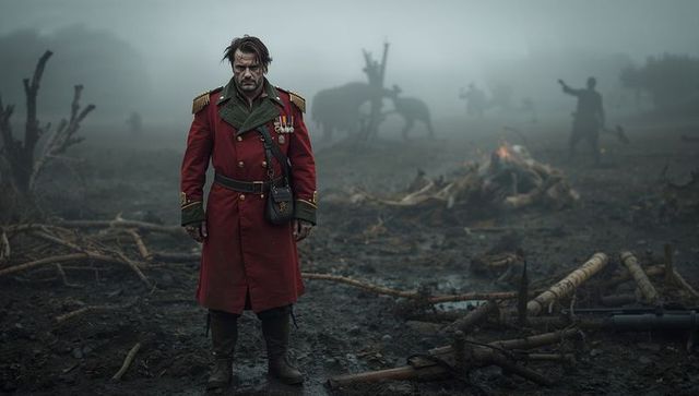 Historic military officer in red coat on battlefield
