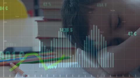 Child Sleeping at Desk with Financial Data Overlay