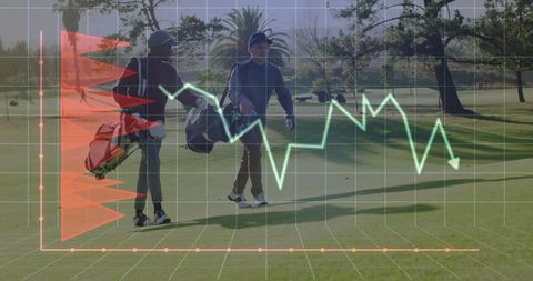 Golfers Walking on Sunny Course with Graph Overlay Inspiring Strategy and Growth
