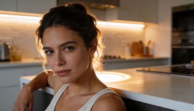 Backlit woman leaning on modern kitchen island wearing white tank top intimate lifestyle