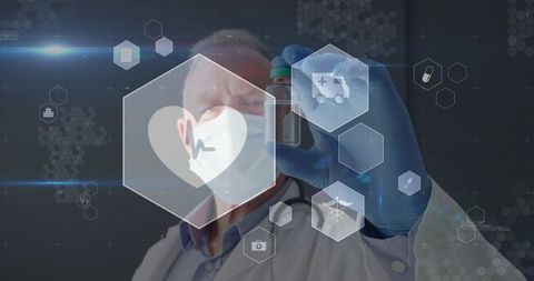 Senior physician inspecting vaccine vial with futuristic medical hud and hexagon icons