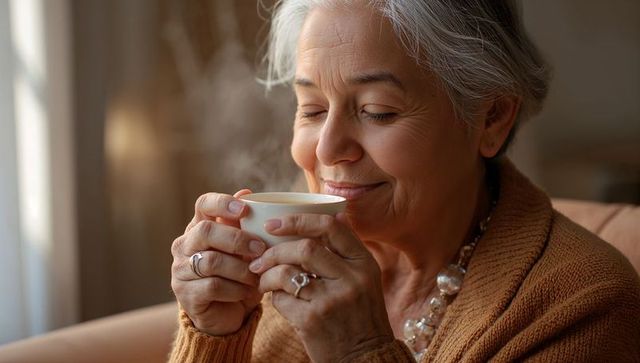 Senior woman enjoying steaming cup of tea by window wearing cozy brown sweater morning moment