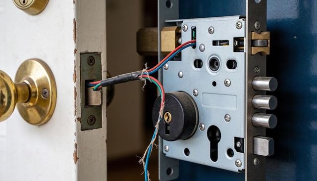 Exposing mortise lock mechanism with cylinder and frayed wiring on blue door edge close-up