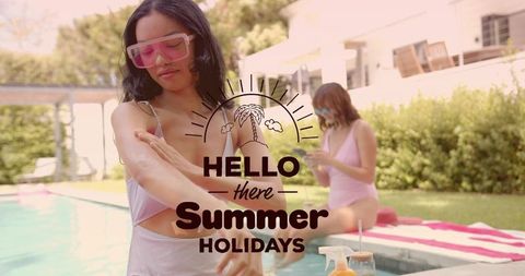 Applying sunscreen poolside young woman wearing pink goggles relaxing by backyard pool