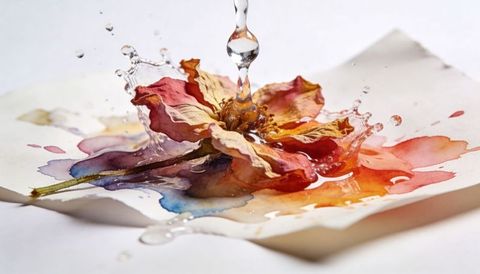 High-speed droplet striking dried rose creating vivid watercolor splash crowns