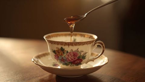 Pouring honey into vintage floral teacup on wooden table with warm light
