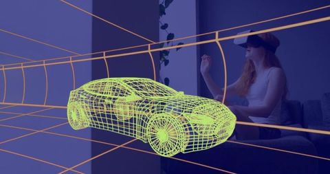 Woman using vr headset with 3d car model projection
