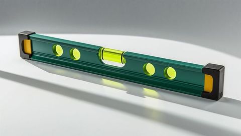 Green spirit level on white surface with highlighted bubble vials
