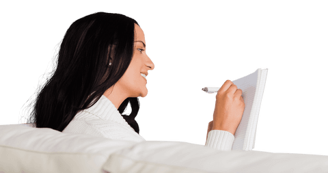 Transparent Image of Woman Writing Notes Smiling on Sofa - Download Free Stock Videos Pikwizard.com