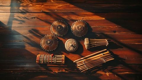 Handcrafted bamboo and wooden percussion instruments display