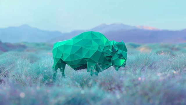 Teal low-poly bison lowering head in pastel meadow, geometric 3d wildlife art
