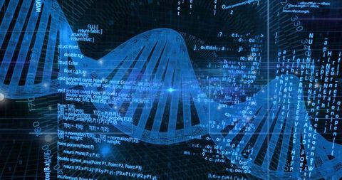 Futuristic DNA Helix with Digital Code and Data Overlays