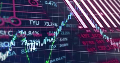 Upward candlestick chart with green trend line, neon market dashboard and ticker data