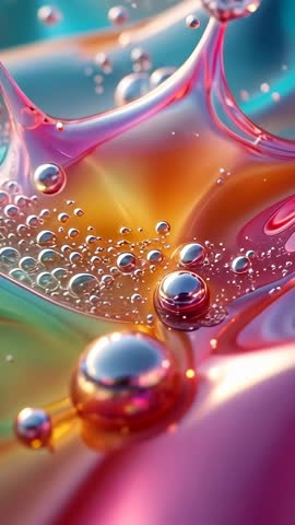Vertical CG fluid-metal simulation rippling and releasing metallic droplets with reflective bubbles,