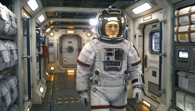 Asian astronaut walking in spacecraft corridor wearing EVA suit with chest panel