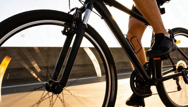 Pedaling road cyclist at golden hour showing motion blur, wheel spin and lens flare