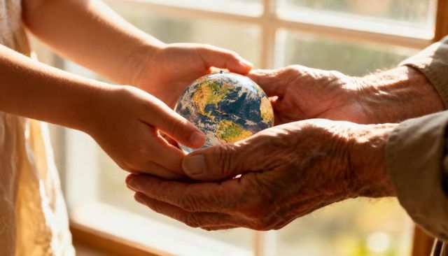 Passing small globe between grandparent and child holding earth with warm sunlit hands