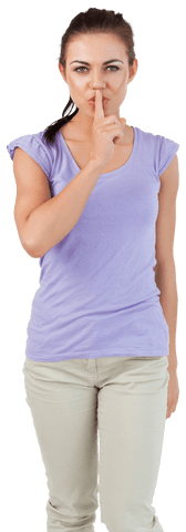 Young Woman in Lavender Top Making Quiet Gesture Transparent Background