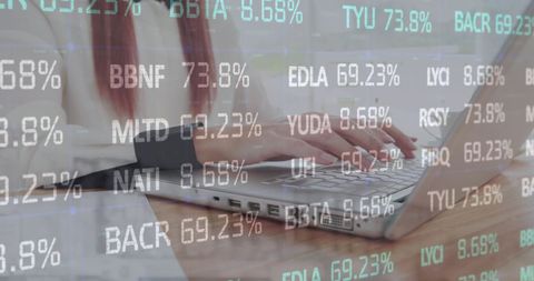 Stock market data overlay with businesswoman typing on laptop